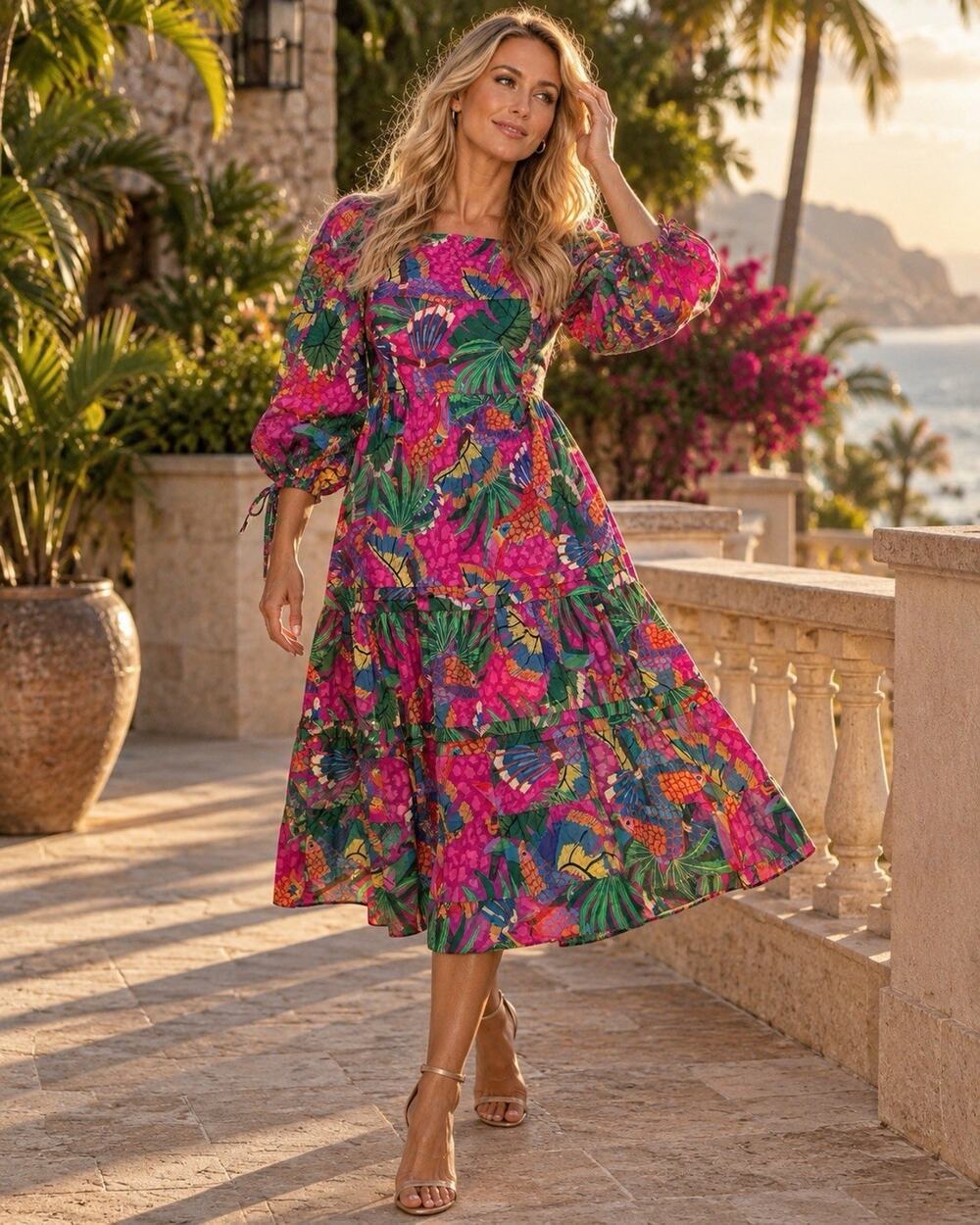 FARM Rio Womens S Pink Painted Toucans Midi Dress Tropical